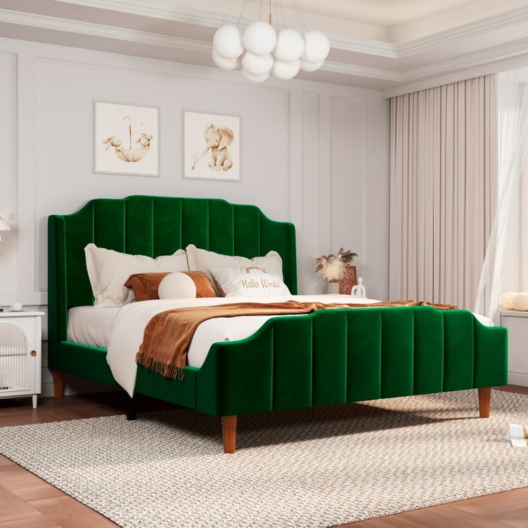 Emerald Green Velvet Platform Bed with Vertical Channel Tufting