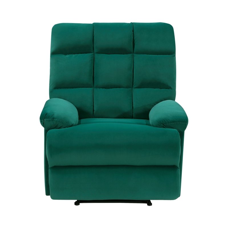 Emerald Green Velvet Recliner with Square Tufting and Pillow Top Arms