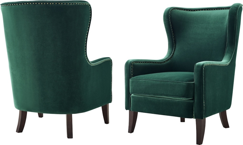 Emerald Green Velvet Wingback Chair Silver Nailhead Trim Wood Legs
