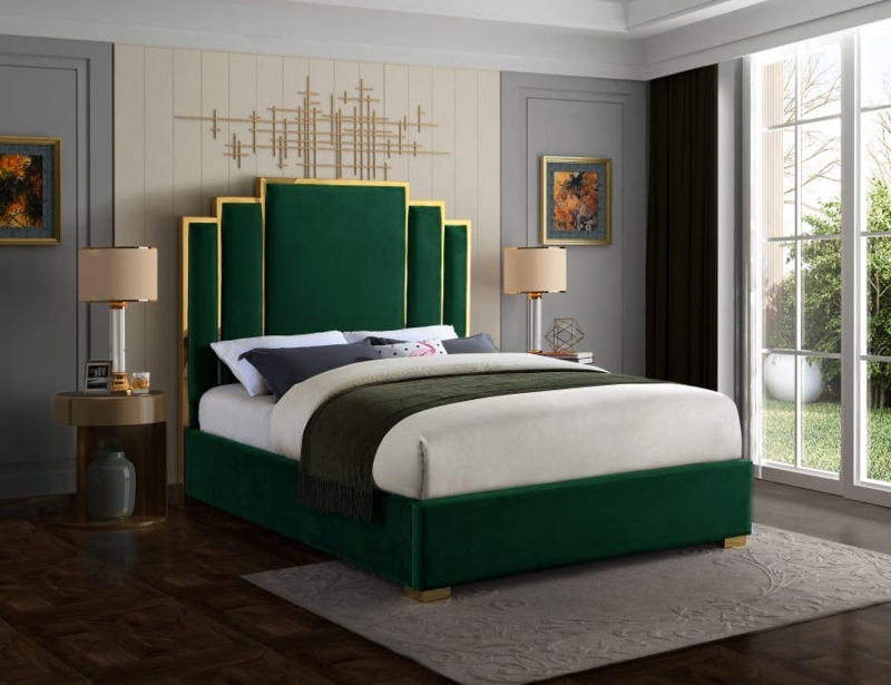 Emerald Velvet Panel Bed Art Deco Stepped Headboard Gold Trim