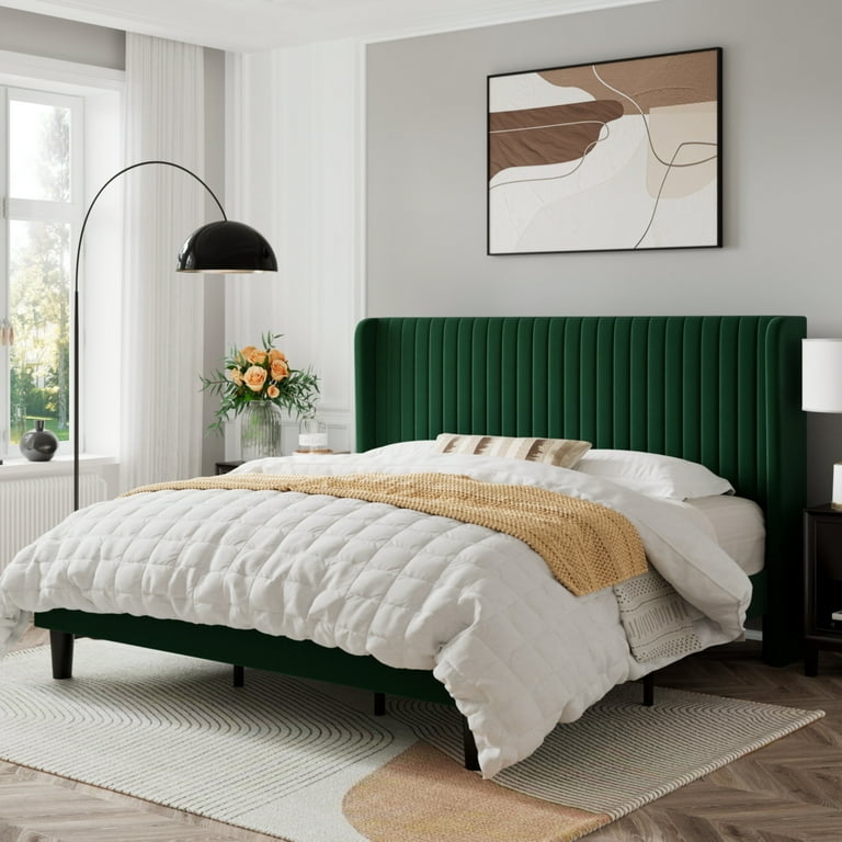 Emerald Velvet Wingback Bed Channel Tufted Headboard