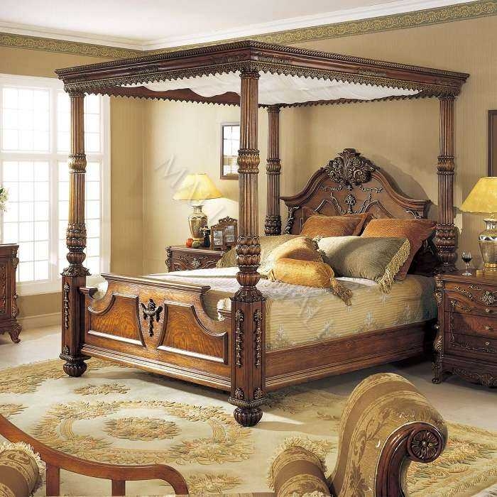 English Revival Canopy Bed with Intricate Wood Carvings and Fluted Posts