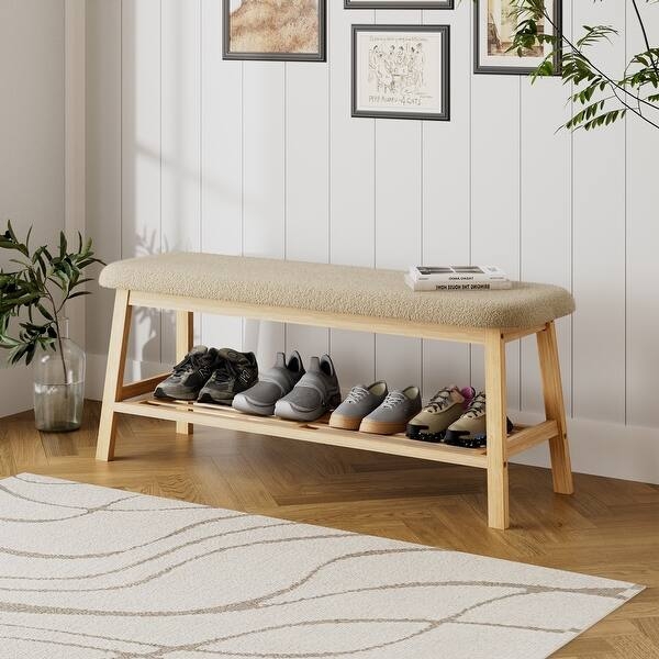 Entryway Bench Boucle Upholstery Slatted Shoe Shelf