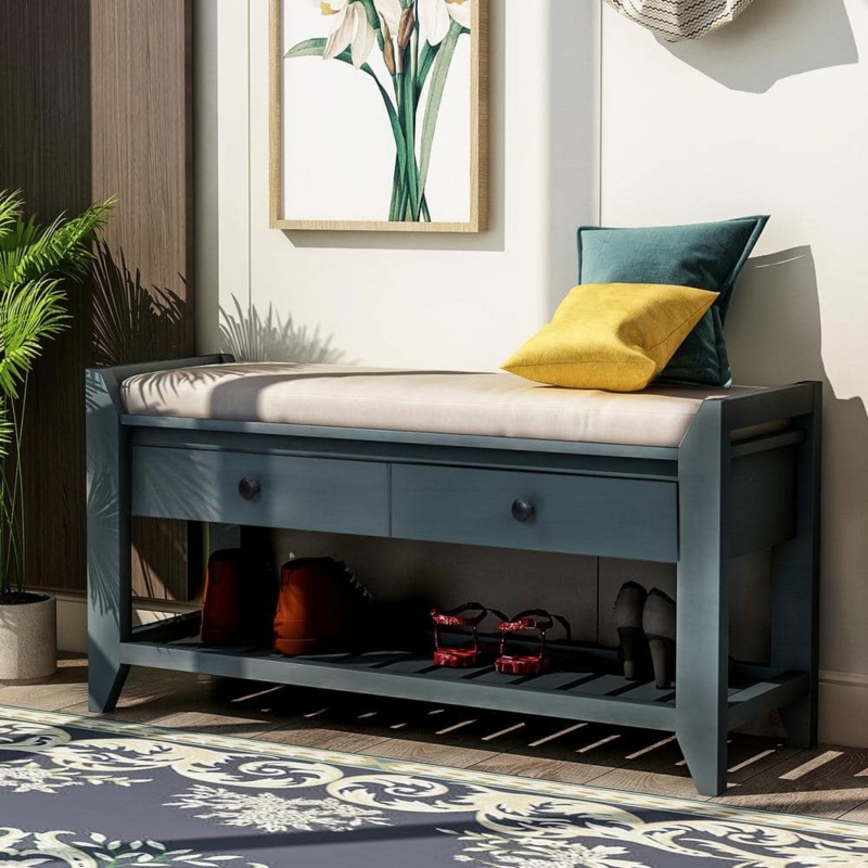 Entryway Bench Dusty Blue Storage Drawers Shoe Rack