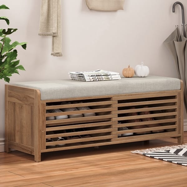 Entryway Bench Light Wood Slatted Sliding Doors Concealed Shelving