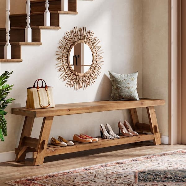 Entryway Bench Long Angled Legs Full Length Shoe Shelf