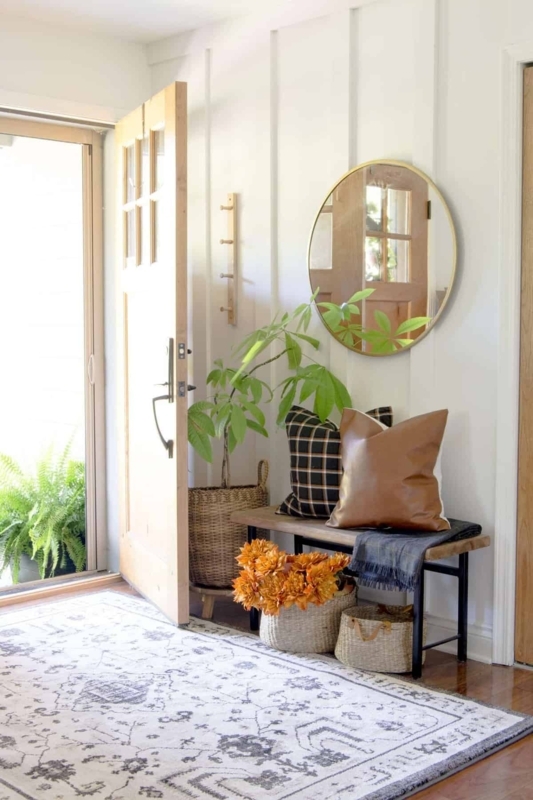 Entryway Bench Modern Farmhouse Wood Seat Black Metal Frame