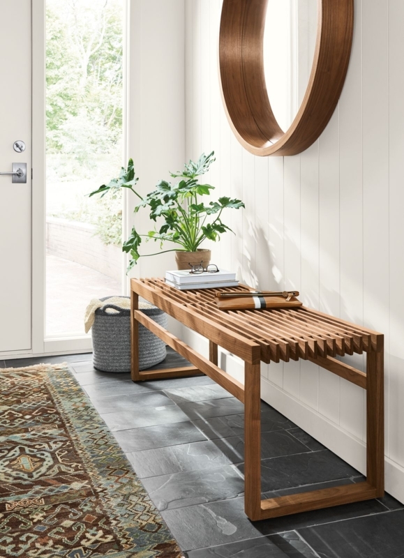 Entryway Bench Modern Slatted Seat Wood Toned Open Base
