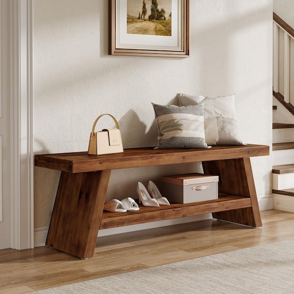 Entryway Bench Rustic Wood Angled Supports Lower Shelf