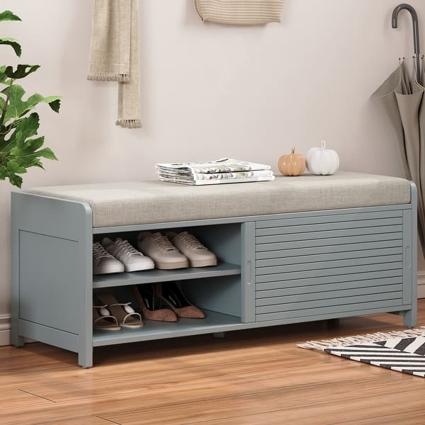 Entryway Bench Slate Blue Sliding Slatted Door Storage Bench Seat