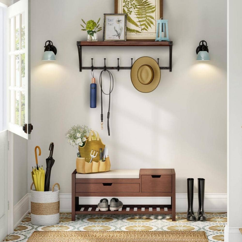 Entryway Bench Transitional Cottage Asymmetrical Drawers