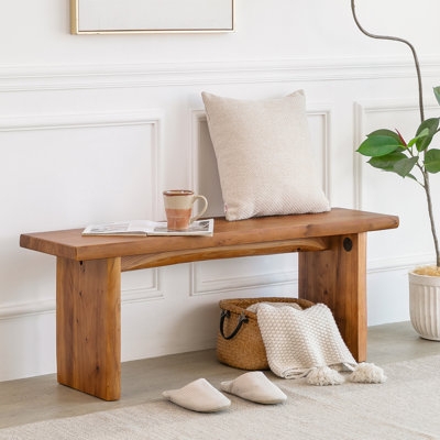 Entryway Bench with Rustic Slab Legs and Live Edge Look, Natural Wood