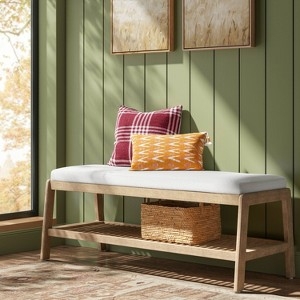 Entryway Bench with Slatted Storage Shelf in Cream Boucle