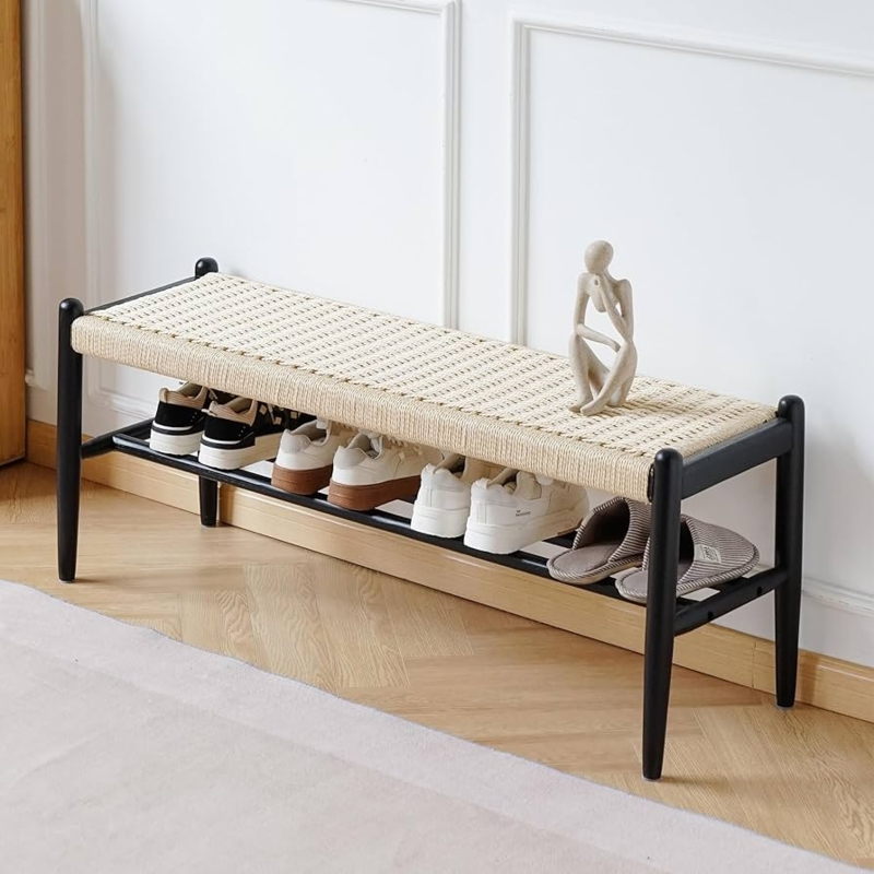 Entryway Bench Woven Seat Black Frame Shoe Storage