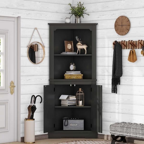 Entryway Corner Hutch with Recessed Panels and Open Shelving