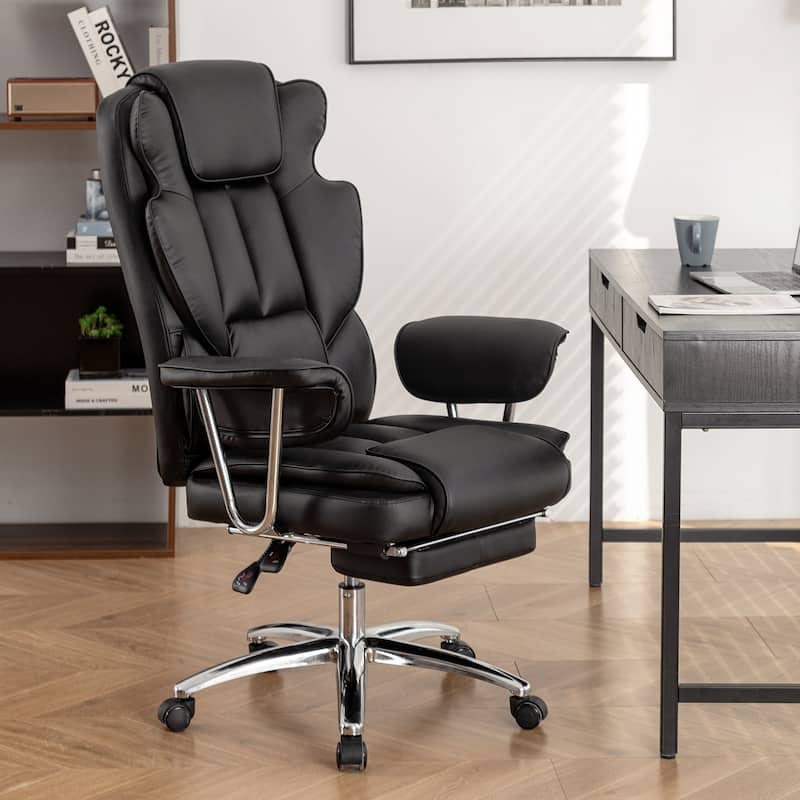 Ergonomic Executive Chair, Black Leather-Like, Chrome Arm Supports