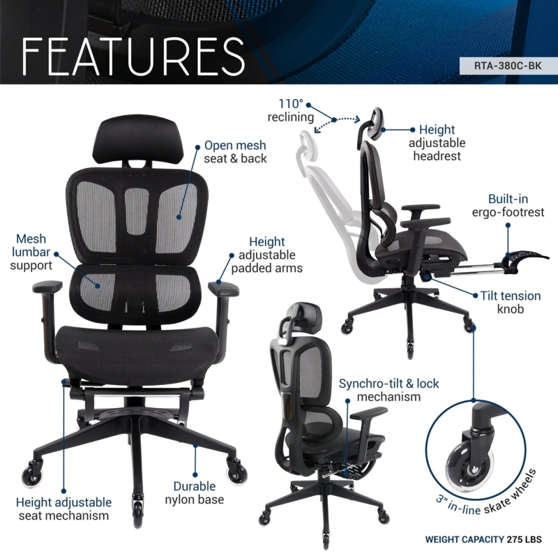 Ergonomic Mesh Chair, Skate Wheels, Matte Black Finish, Extendable Footrest