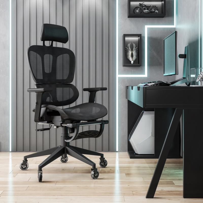 Ergonomic Mesh Office Chair, Rollerblade Casters, Integrated Footrest