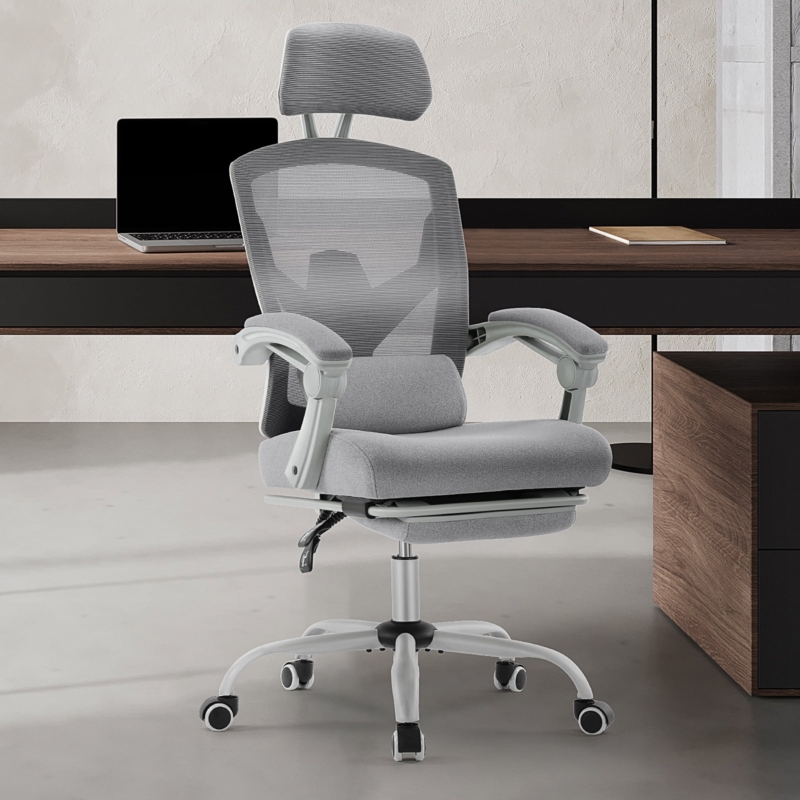 Ergonomic Office Chair, Breathable Mesh Back, Retractable Footrest, Gray