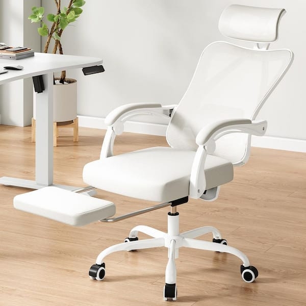 Ergonomic Office Chair, Monochromatic White, Mesh Back, Integrated Footrest