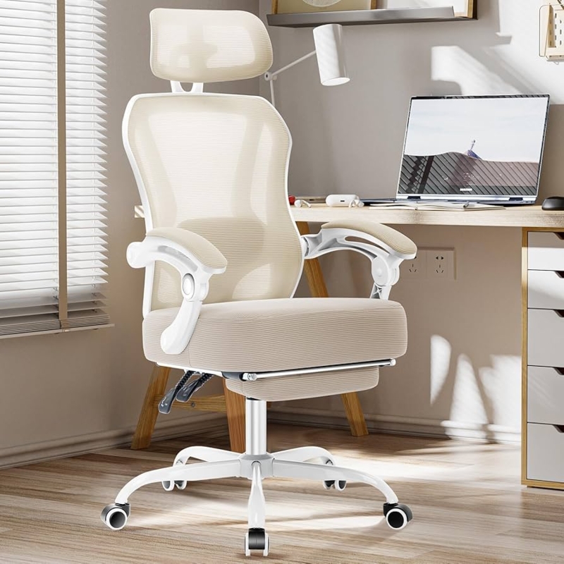 Ergonomic Office Chair, Ribbed Upholstery Seat, Cream Mesh, Footrest