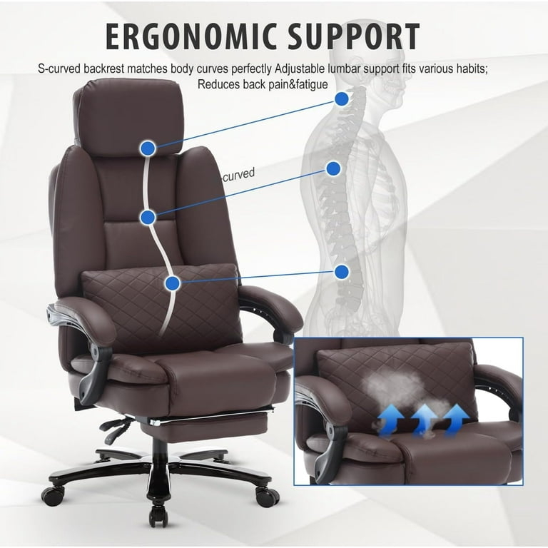 Ergonomic Office Chair, S-Curved Backrest, Brown Leather-Like, Footrest