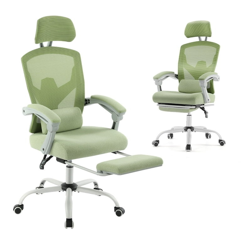 Ergonomic Office Chair, Sage Green Mesh, White Base, Retractable Footrest
