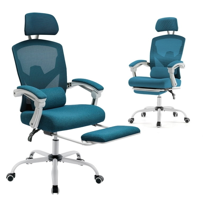 Ergonomic Office Chair, Teal Mesh Back, White Frame, Extendable Footrest