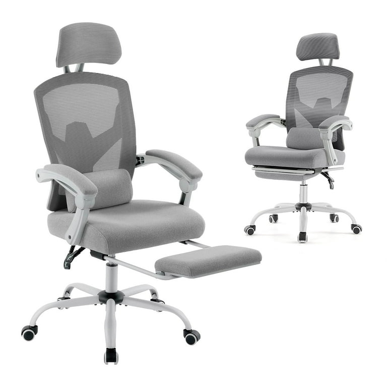 Ergonomic Office Chair, White Frame, Gray Mesh Backrest, Footrest