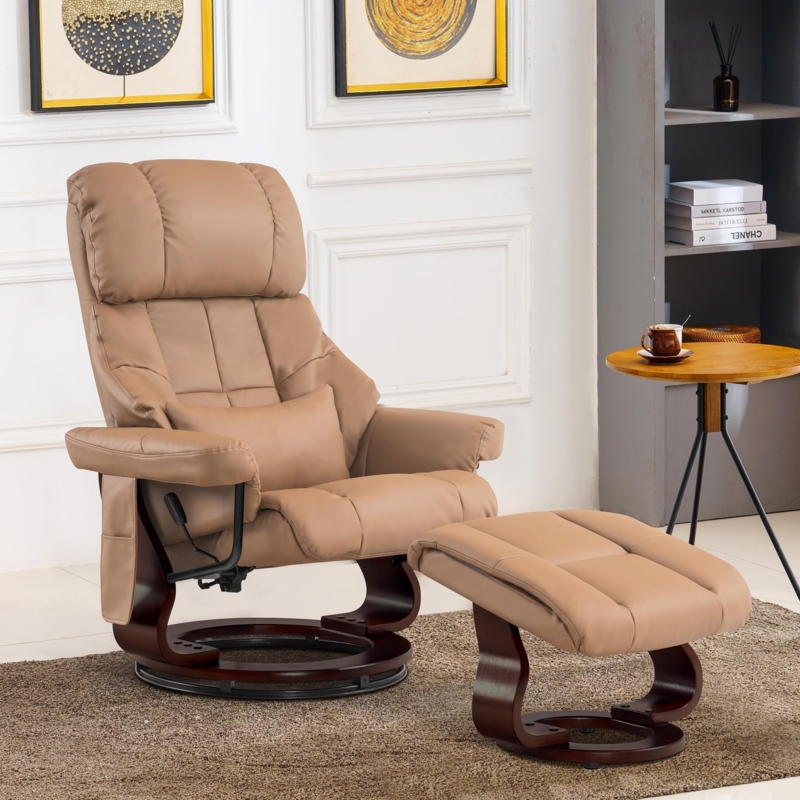 Ergonomic Swivel Recliner and Ottoman Set with Curved Wood Base