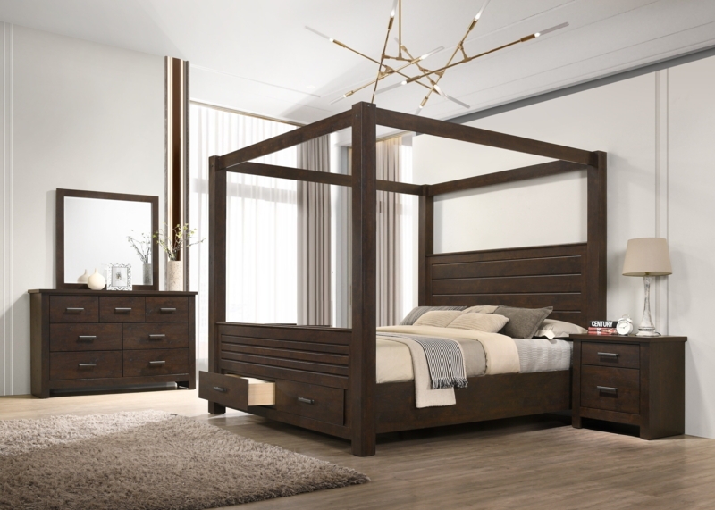 Espresso Canopy Bed Set with Storage Drawers and Modern Paneled Headboard