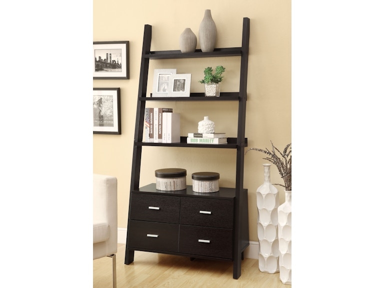 Espresso Ladder Bookshelf 5-Tier 4 Drawers Silver Hardware Transitional