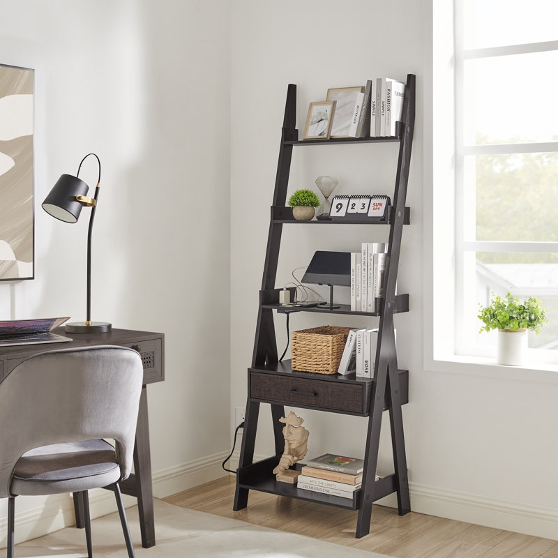 Espresso Ladder Bookshelf 5-Tier Power Outlet USB Textured Drawer