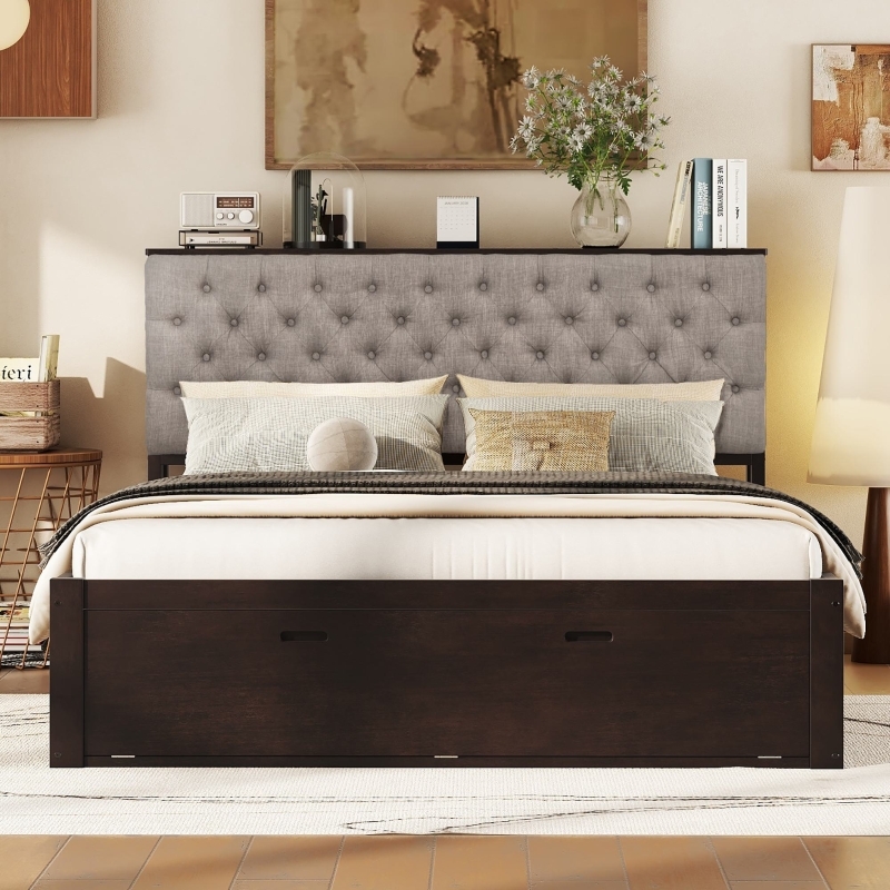 Espresso Platform Bed with Button Tufting and Integrated Headboard Shelf