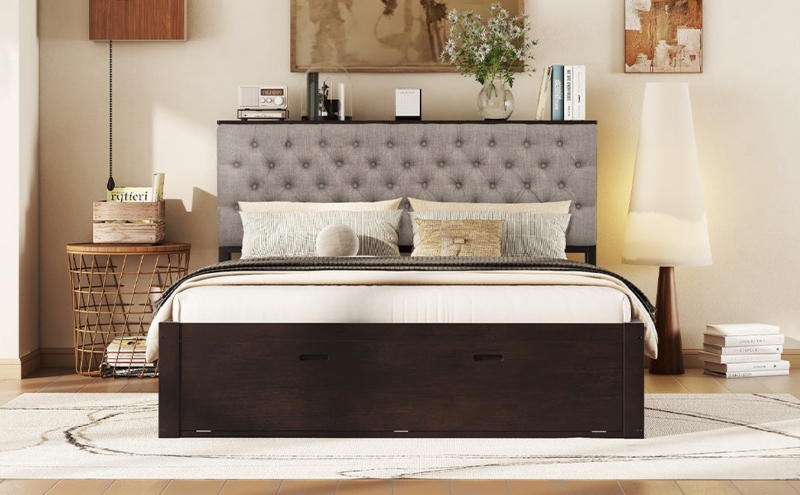 Espresso Platform Bed with Tufted Headboard & Shelf, Queen Size