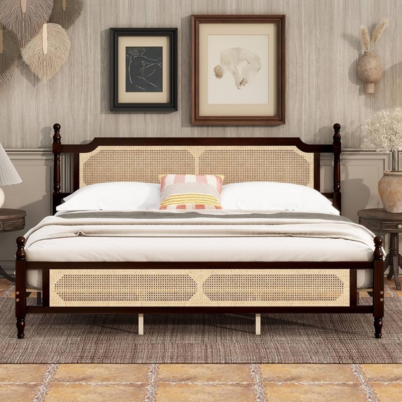 Espresso Rattan Bed Frame with Spindle Post Details