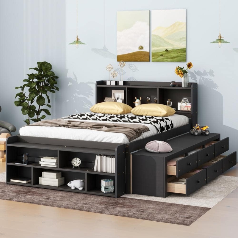 Espresso Storage Bed with Bookcase Headboard & 6 Drawers