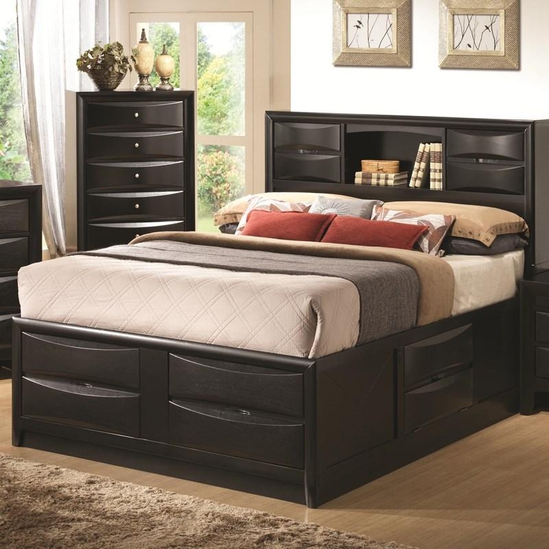 Espresso Storage Bed with Bookcase Headboard and Curved Drawer Fronts