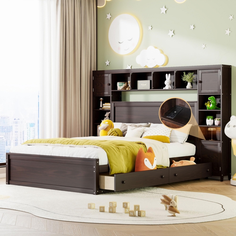 Espresso Storage Bed with Headboard Cabinets and Charging Station