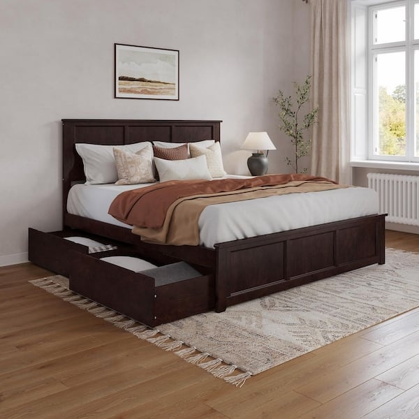 Espresso Storage Bed with Panelled Headboard Design