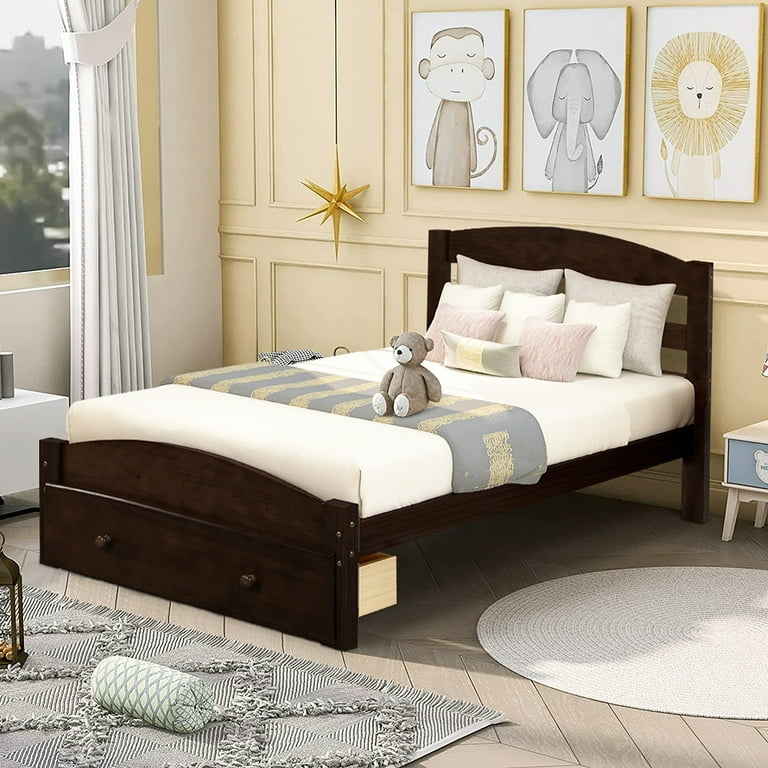 Espresso Twin Platform Bed with Curved Headboard and Storage Drawer