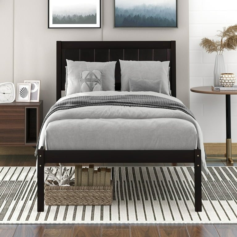 Espresso Wood Platform Bed with Paneled Headboard Design
