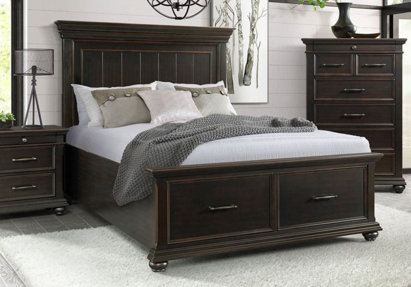Espresso Wood Storage Bed with Paneled Headboard and Bun Feet