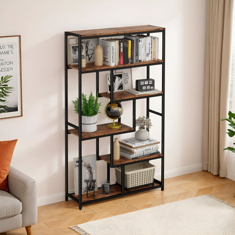 Etagere Bookcase, Asymmetrical Geometric Open Shelving, Modern Style
