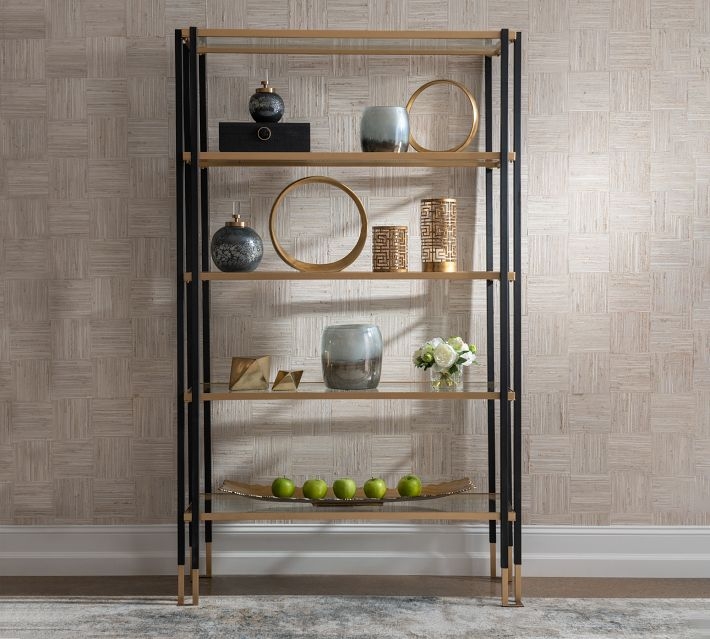 Etagere Bookcase featuring Two-Tone Black and Gold Metal Frame
