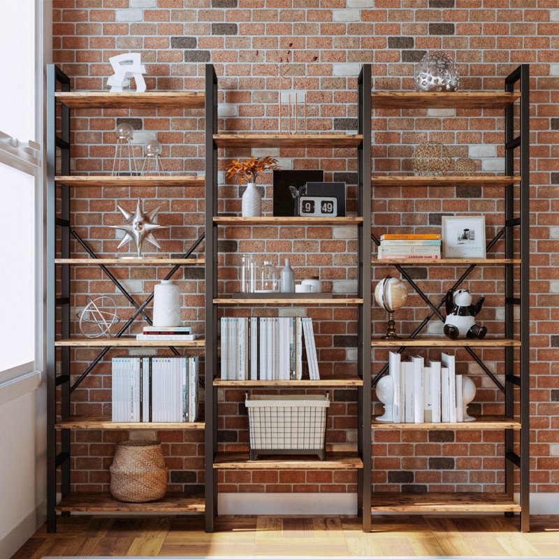 Etagere Bookcase Triple Wide Industrial Metal and Wood Tiers