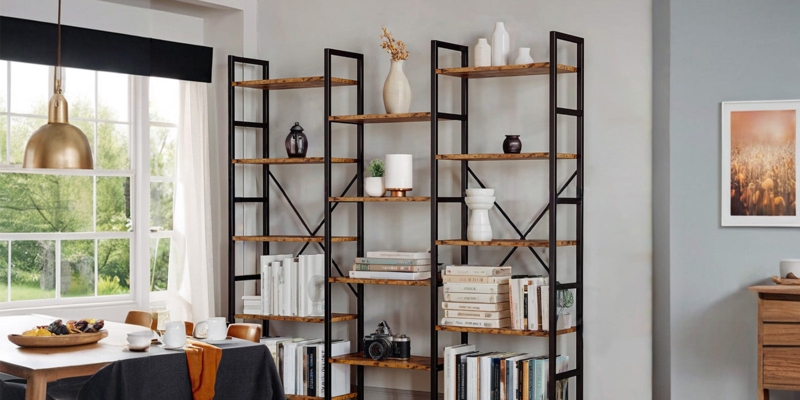 Etagere Bookcase, X-Back Brace, Triple-Wide, Five Tier Industrial Display