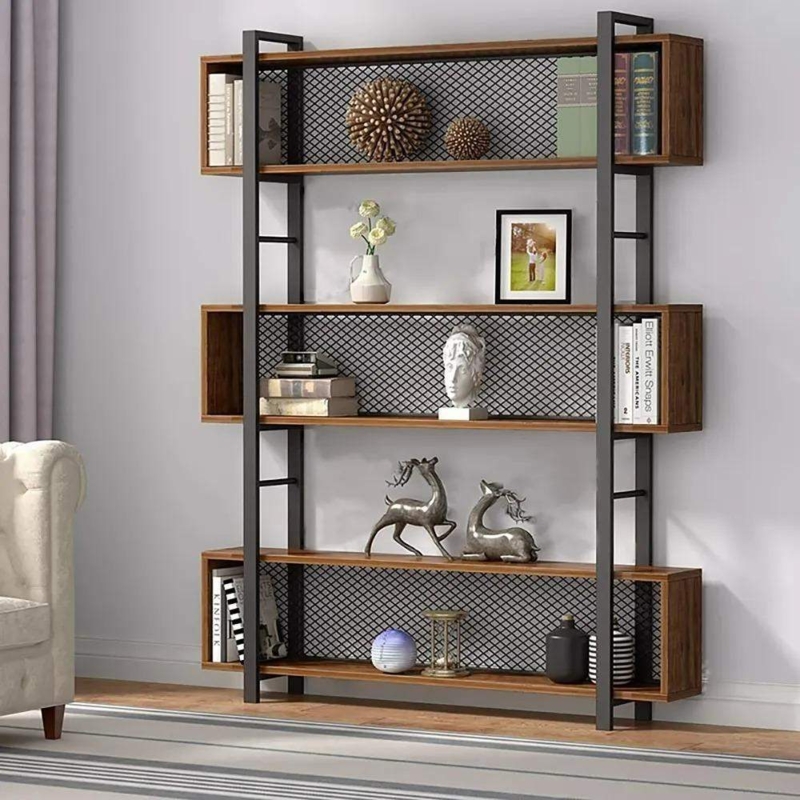 Etagere Bookshelf, Mesh Backing, Walnut Box Shelves, Industrial Contemporary