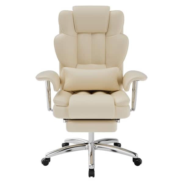 Executive Office Chair, Beige Leather-Like, Lumbar Pillow, Footrest