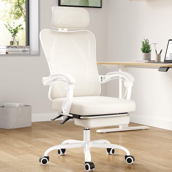 Executive Office Chair, Monochromatic Beige, Mesh Back, Integrated Footrest